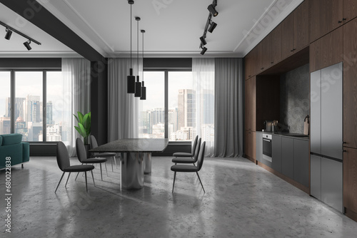Stylish home flat interior with relax and dining space, panoramic window © ImageFlow
