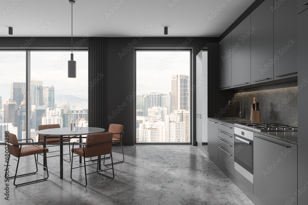 Grey home kitchen interior with dining table and chairs, cabinet with fridge Grey home kitchen interior with dining table and chairs, cabinet with fridge