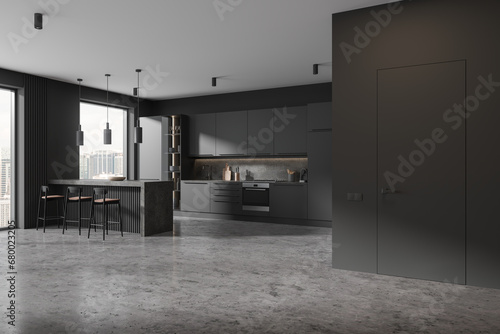 Photography Grey home kitchen interior with bar counter and chairs, cabinet with window
