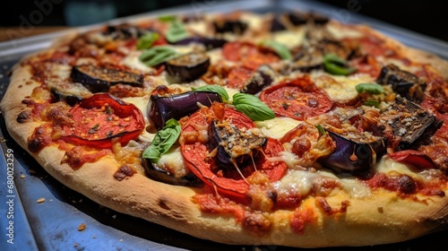 A pepperoni and eggplant pizza  baked to perfection and ready to be enjoyed.