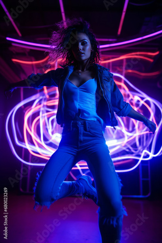 A beautiful young girl dances dynamically and passionately, illuminated by colorful neon lights. Let's go to a party! © lagano