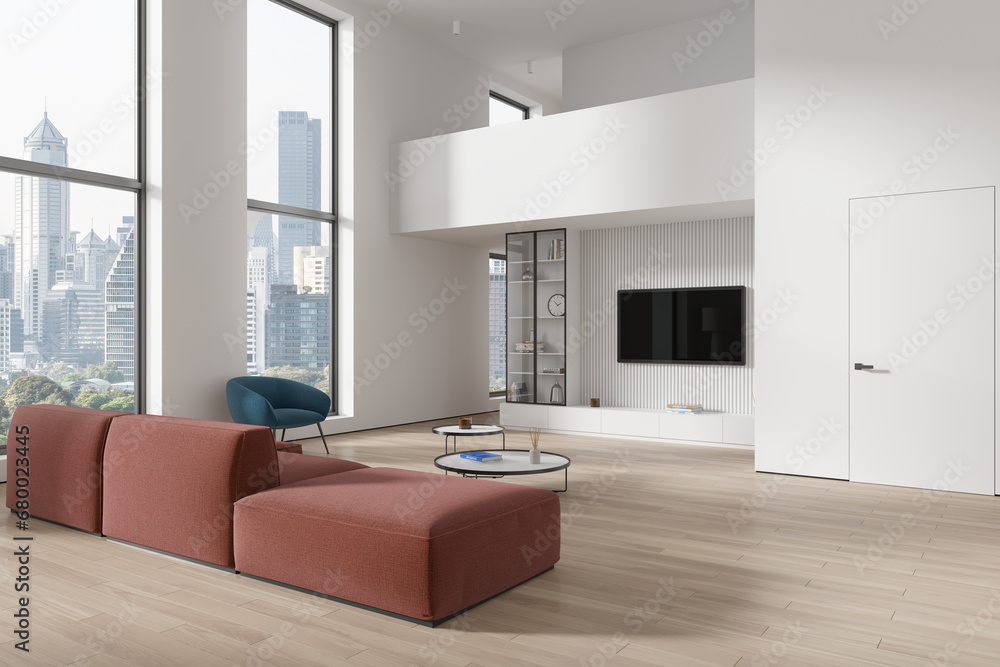 Fototapeta premium White living room interior with sofa and TV