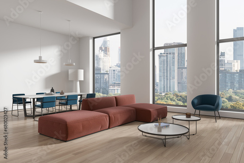 Photography Cozy home living room interior with relaxing and dining space, window