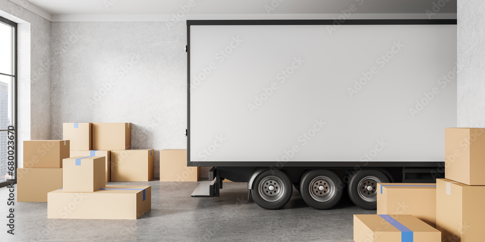 Empty trucking van in living room, relocation and cardboard boxes - obrazy, fototapety, plakaty 