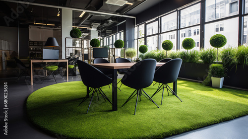 Modern office with artificial grass cushions