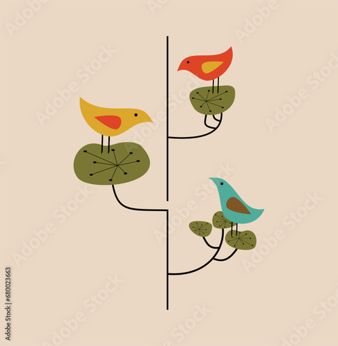 Cute birds illustration retro style image mid century modern vintage mcm talking birds on branch 1950s 1960s wall art print abstract birds scandinavian atomic starburst