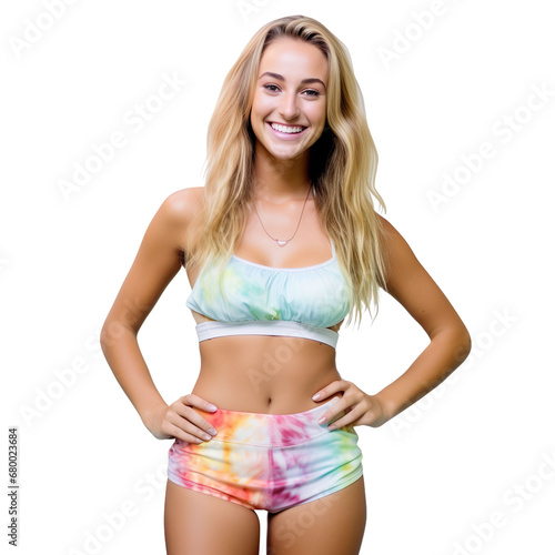 Front view mid body shot of an extremely beautiful Caucasian female model in a tie-dye sexy two-piece swimsuit smiling, isolated on a white background