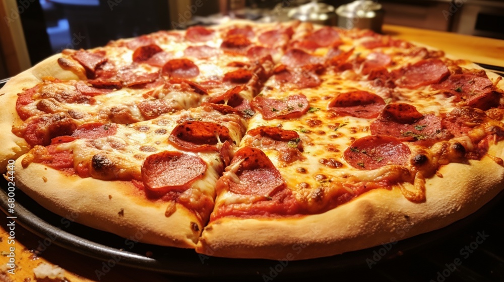 A pepperoni and onion pizza, hot and bubbling, ready to be sliced and devoured.