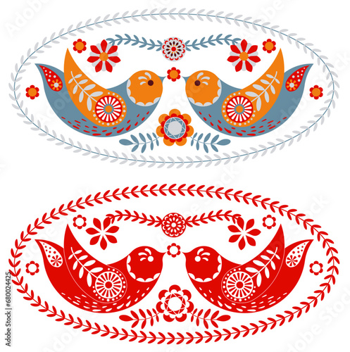 Oval ornament with two birds and flowers. Two options - in color and silhouette. Scandinavian style. Folk art. Vector illustration. Logo.