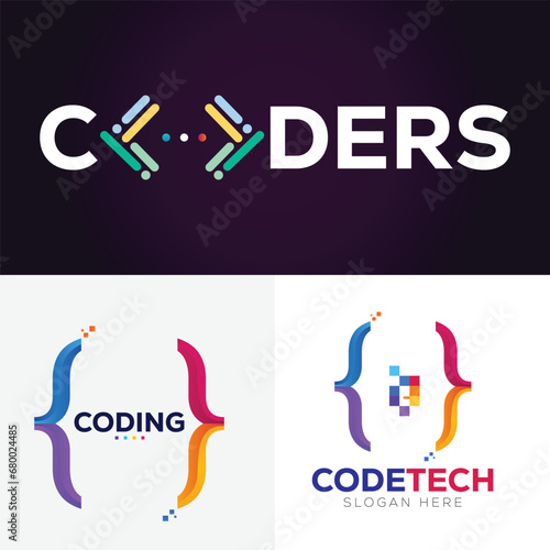 coders programmers logo design template vector,  set of coding programming developers logo vector template
