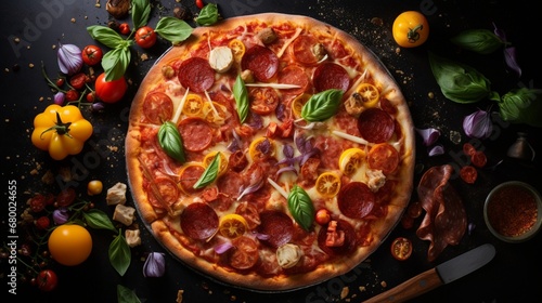 A pepperoni and pineapple pizza with a colorful array of ingredients, resembling a work of art. photo
