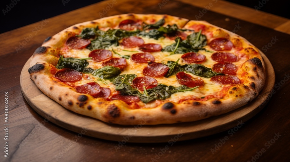 A pepperoni and spinach pizza, fresh out of the brick oven, showcasing its crispy yet chewy crust.
