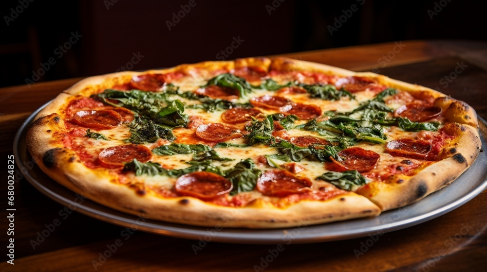 A pepperoni and spinach pizza, fresh out of the brick oven, showcasing its crispy yet chewy crust.