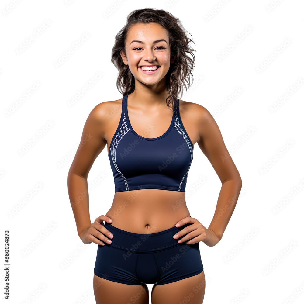 Front view mid body shot of an extremely beautiful Caucasian female model in a navy blue sporty sexy two-piece swimsuit smiling, isolated on a white background Front view mid body shot of an extremely beautiful Caucasian female model in a navy blue sporty sexy two-piece swimsuit smiling, isolated on a white background