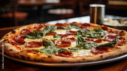 A pepperoni and spinach pizza  fresh out of the brick oven  showcasing its crispy yet chewy crust.