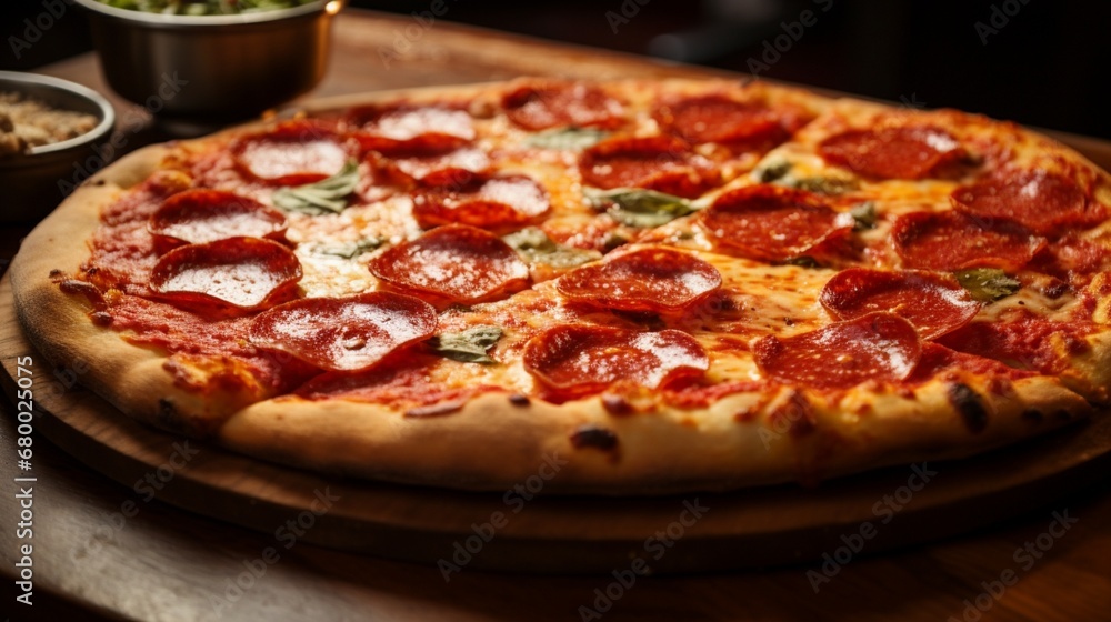 A pepperoni pizza with a perfectly golden, blistered crust, oozing with savory tomato sauce.