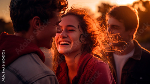 Group of people - laughing young woman and two young man