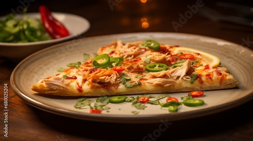 A slice of Thai Chicken Pizza being served on a stylish plate  showcasing its gourmet quality.