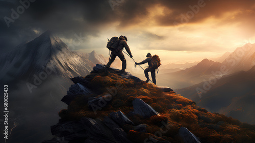 Hiker helping friend reach the mountain top, PNG, 300 DPI © Leokensiro