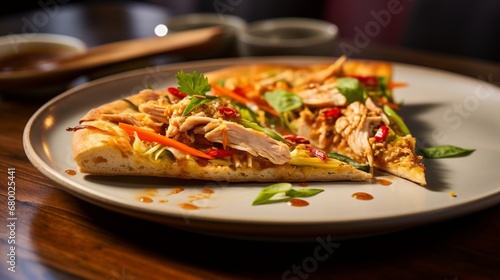 A slice of Thai Chicken Pizza being served on a stylish plate, showcasing its gourmet presentation.