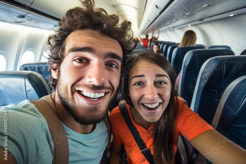 Young Couple Taking a Selfie Inside an Airplane Before Traveling