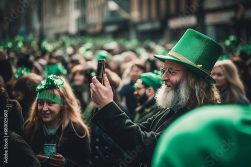Vibrant St. Patrick’s Day Street Celebration with Diverse Crowd
