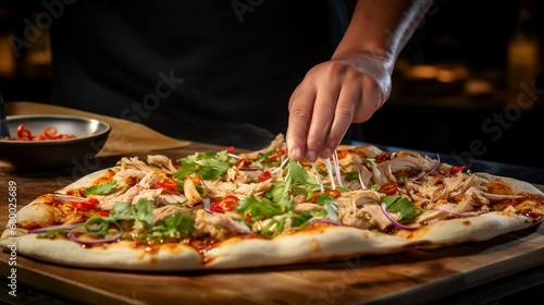 A slice of Thai Chicken Pizza being placed on a plate, capturing the moment before indulgence.