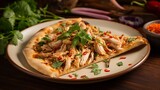 A slice of Thai Chicken Pizza on a plate, surrounded by Thai herbs and spices, enhancing its authenticity.