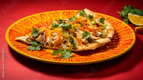 A slice of Thai Chicken Pizza on a vibrant orange plate, creating a visually striking and appetizing scene.