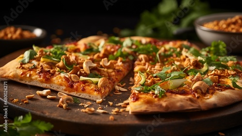 A slice of Thai Chicken Pizza being pulled away, showcasing the mouthwatering combination of chicken, peanuts, and cilantro.