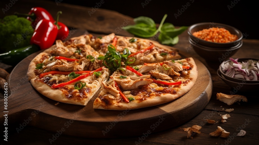 A slice of Thai Chicken Pizza being placed on a rustic wooden table, creating a warm and inviting scene.