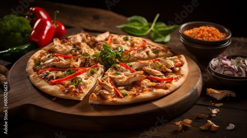 A slice of Thai Chicken Pizza being placed on a rustic wooden table, creating a warm and inviting scene.