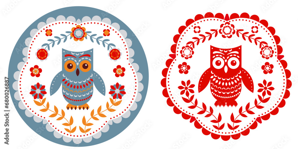 Owl patterned frame and the silhouette of the owl. Emblem, logo, mascot. Folk art. - obrazy, fototapety, plakaty 