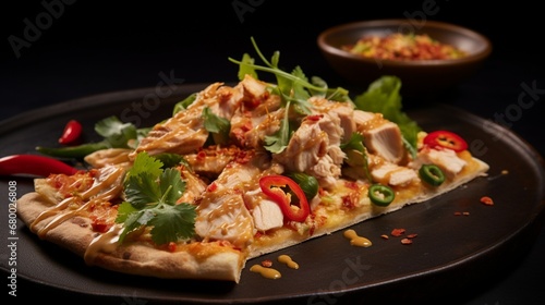 A slice of Thai Chicken Pizza being served on a stylish plate  showcasing its gourmet presentation.