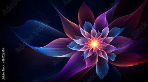 Neon purple flower glowing with soft  luminous energy. Abstract space futuristic background.