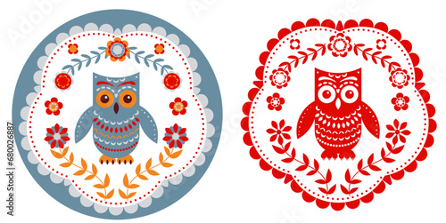 Owl patterned frame and the silhouette of the owl. Emblem, logo, mascot. Folk art.