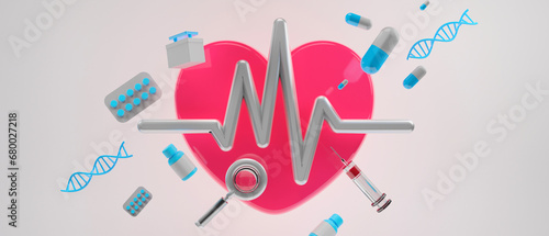 healthcare medical for first aid, hospital element 3d illustration rendering, doctor and medicine drugs with heart photo