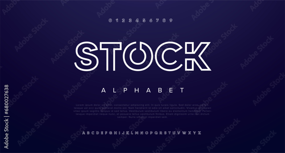 Stock Modern abstract digital alphabet font. Minimal technology typography, Creative urban sport fashion futuristic font and with numbers. vector illustration - obrazy, fototapety, plakaty 