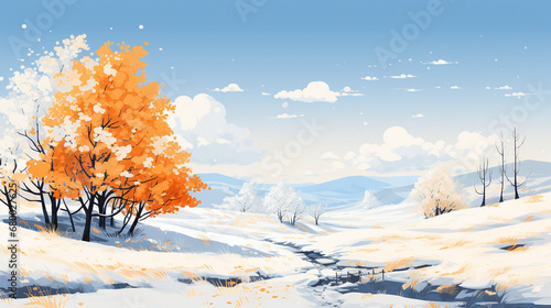 winter landscape drawing with cozy cottage and bright snow © Spear