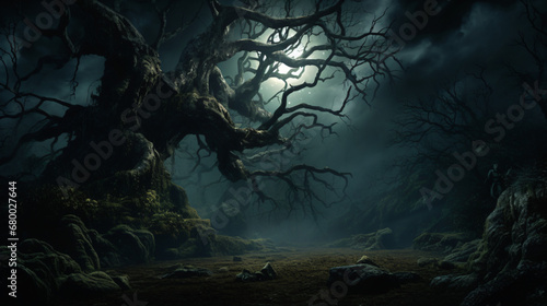 Spooky tree in a dense forest at night