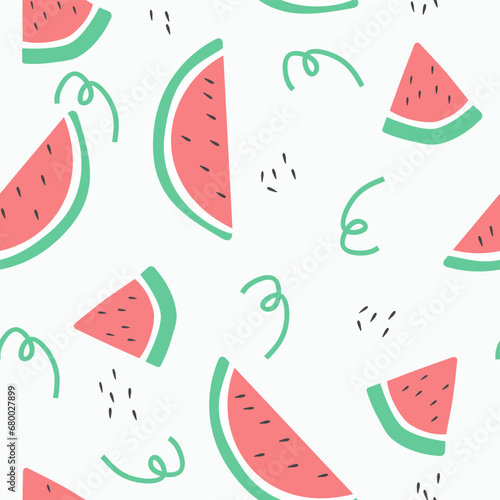 Fototapeta Naklejka Na Ścianę i Meble -  Fresh watermelons seamless pattern, Childish pattern with cute watermelon vector in flat design. Good fabric print, wrapping paper, background, etc