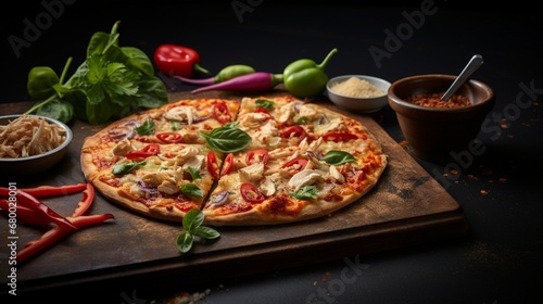 A Thai Chicken Pizza on a slate board with ingredients in mid-air, creating a dynamic and visually appealing composition.