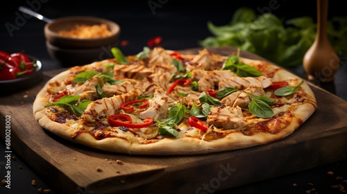 A Thai Chicken Pizza on a slate board with ingredients in mid-air, creating a dynamic and visually appealing composition.