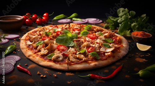 A Thai Chicken Pizza on a slate board with ingredients in mid-air, creating a dynamic and visually appealing composition.