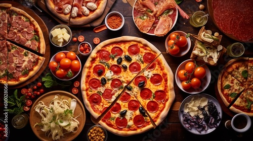 Aerial view of a pizza buffet spread  featuring a variety of slices  each a tempting invitation to indulge in Italian flavors.