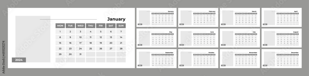 2024 calendar design template with blank space for photo. 2024 calendar design template with blank space for photo.