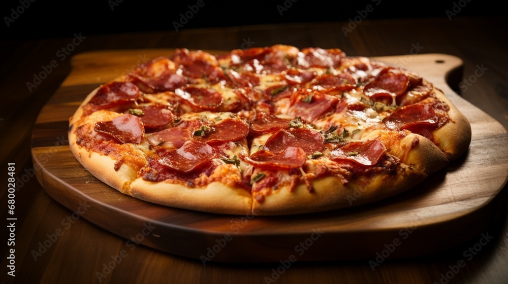 An appetizing pepperoni and bacon pizza, captured from a side angle to highlight its toppings.