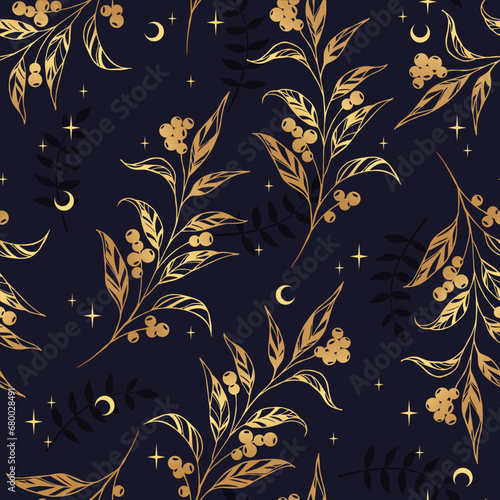 Floral gold seamless pattern. Branch with golden leaves