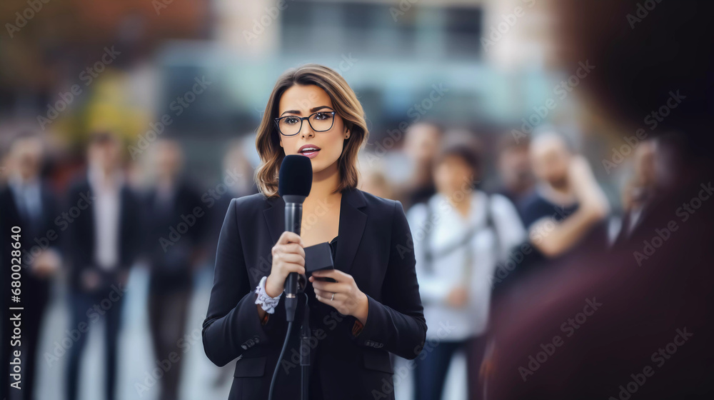 Breaking news female woman reporter covering live event for news media and television press headlines standing in the middle of the street holding microphone