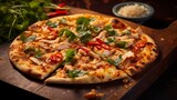 An artistic close-up of Thai Chicken Pizza capturing the sizzling textures of the crust and the melting cheese.